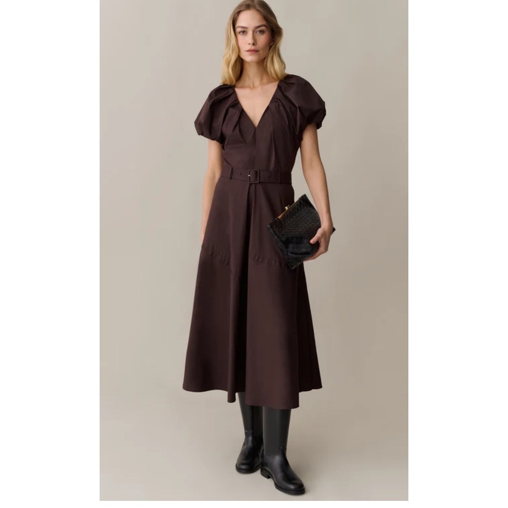 O.P.T One Pretty Time Brown Puff Sleeve Belted Midi Dress T25WDRW1777HD Size 2
